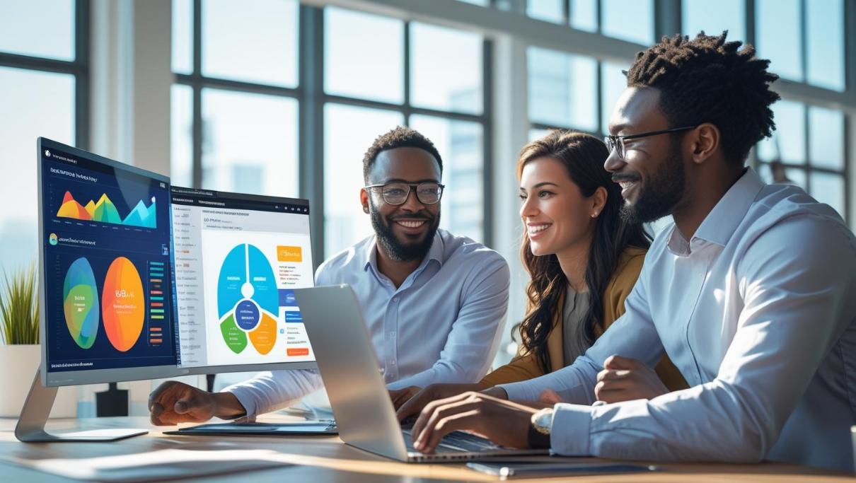 Designers collaborating in modern office with laptops and UI analytics screens.