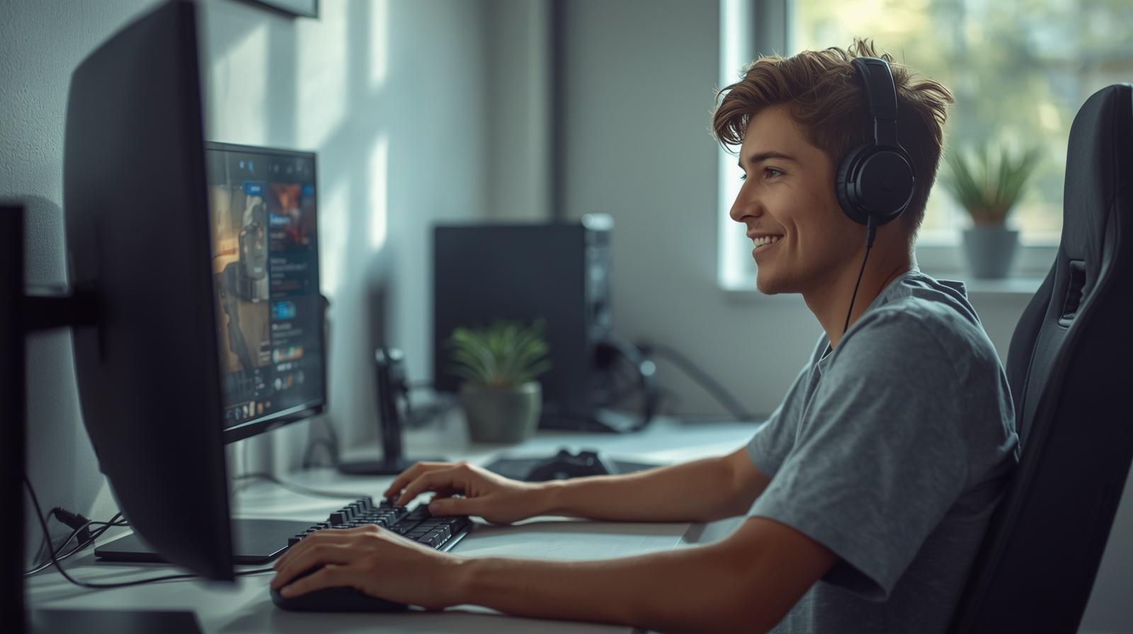 Focused gamer working calmly at desk with bright natural light and setup.